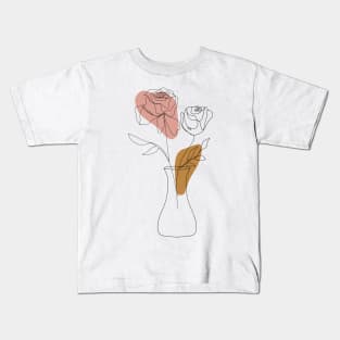 Botanical One Line Art Rose Flowers Kids T-Shirt